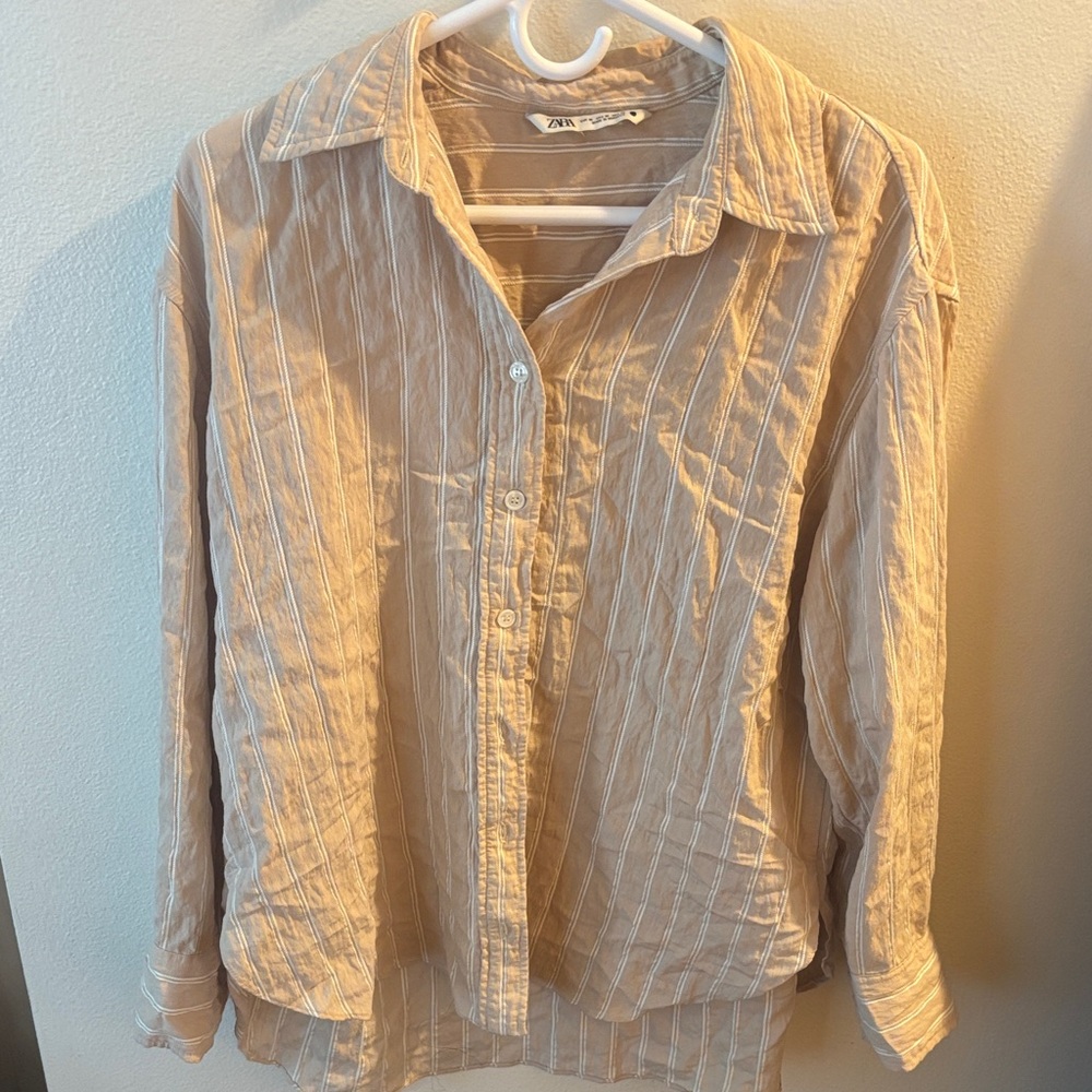 Zara Beige Striped Collared Shirt